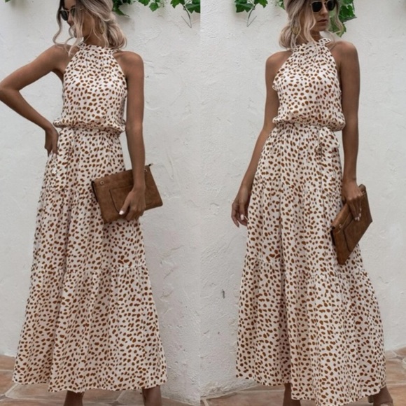 Boho cream brown dot belted halter maxi dress - Picture 2 of 8